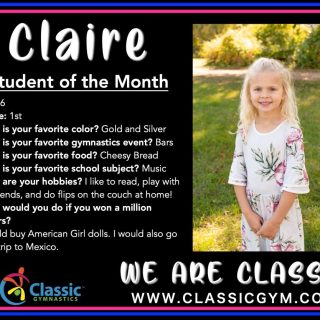 Congratulations to our Rec Gymnast of the Month, Claire!! Claire has excelled so quickly and we love to see her progress in such a positive way. She not only has great talent but also has great energy in class. She encourages others in class and demonstrates a work ethic that inspires those around her. Her kindness truly stands out which makes her a real pleasure to have in class! 

Way to go Claire!! #WeAreClassic #ClassicGymMN